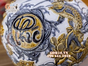 Bình hút lộc men rạn, đắp nổi Phú Quý Tài Lộc, cao 36cm