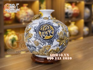 Bình hút lộc men rạn, đắp nổi Phú Quý Tài Lộc, cao 36cm