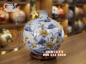 Bình hút lộc men rạn đắp nổi Thuận Buồm Xuôi Gió, cao 40cm