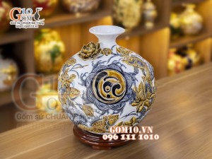 Bình hút lộc men rạn, đắp nổi Phú Quý Tài Lộc, cao 36cm