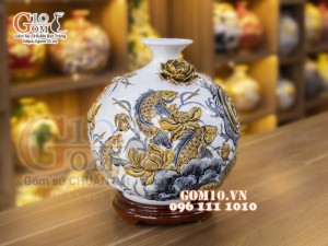 Bình hút lộc men rạn, đắp nổi Phú Quý Tài Lộc, cao 36cm