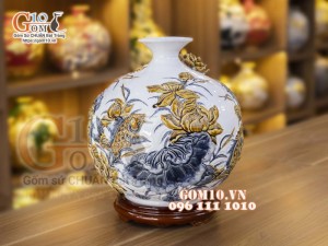 Bình hút lộc men rạn, đắp nổi Phú Quý Tài Lộc, cao 36cm