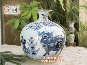 Bình hút lộc men rong cổ cảnh Kỉ Hợi vẽ vàng 24k, cao 22cm