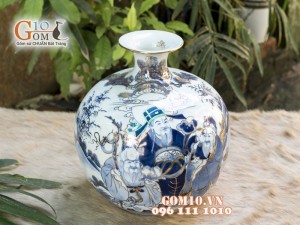 Bình hút lộc men lam cổ cảnh Phúc Lộc Thọ vẽ vàng 24k, cao 25cm