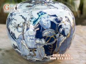 Bình hút lộc men lam cổ cảnh Phúc Lộc Thọ vẽ vàng 24k, cao 25cm