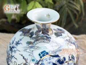 Bình hút lộc men lam cổ cảnh Phúc Lộc Thọ vẽ vàng 24k, cao 25cm