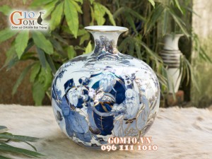 Bình hút lộc men lam cổ cảnh Phúc Lộc Thọ vẽ vàng 24k, cao 25cm