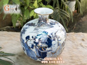 Bình hút lộc men lam cổ cảnh Phúc Lộc Thọ vẽ vàng 24k, cao 25cm