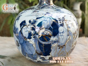 Bình hút lộc men lam cổ cảnh Phúc Lộc Thọ vẽ vàng 24k, cao 25cm