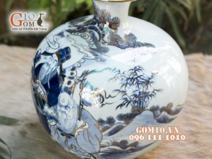 Bình hút lộc men lam cổ cảnh Phúc Lộc Thọ vẽ vàng 24k, cao 25cm