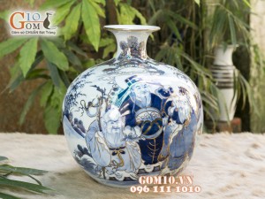 Bình hút lộc men lam cổ cảnh Phúc Lộc Thọ vẽ vàng 24k, cao 30cm