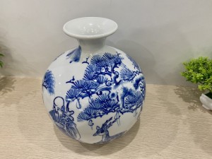 Bình hút lộc men chàm vẽ cảnh Thọ Đào -Tùng Hươu cao 23cm