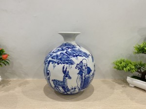 Bình hút lộc men chàm vẽ cảnh Thọ Đào -Tùng Hươu cao 23cm