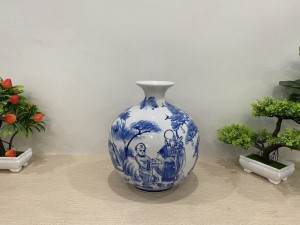 Bình hút lộc men chàm vẽ cảnh Thọ Đào -Tùng Hươu cao 23cm