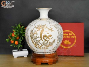 Bình hút lộc men trắng hoạ tiết Phúc-Lộc-Thọ vẽ vàng kim, cao 27cm