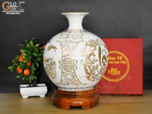 Bình hút lộc men trắng hoạ tiết Phúc-Lộc-Thọ vẽ vàng kim, cao 27cm