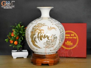 Bình hút lộc men trắng hoạ tiết Phúc-Lộc-Thọ vẽ vàng kim, cao 27cm