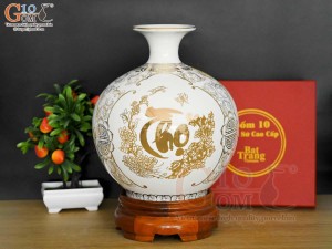 Bình hút lộc men trắng hoạ tiết Phúc-Lộc-Thọ vẽ vàng kim, cao 27cm