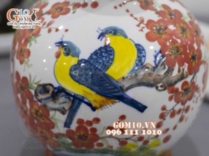 Bình hút lộc men trắng vẽ cảnh Chim Hoa, cao 23cm