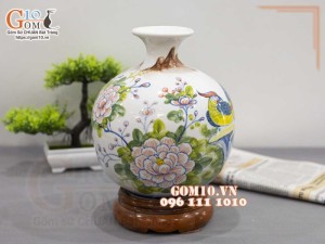 Bình hút lộc men trắng vẽ cảnh Chim Trĩ - Phù Dung, cao 30cm