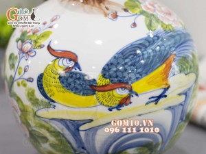 Bình hút lộc men trắng vẽ cảnh Chim Trĩ - Phù Dung, cao 30cm