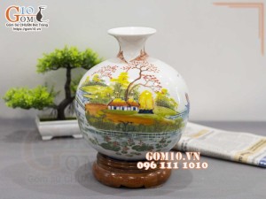 Bình hút lộc men trắng vẽ cảnh Làng Quê, cao 23cm