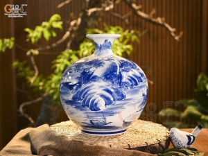 Bình hút lộc men trắng vẽ cảnh làng quê, cao 30cm