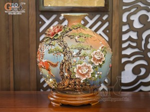 Bình hút lộc men vân mây đắp nổi Mã Đáo Thành Công vẽ vàng 24k, cao 35cm (Màu cam)