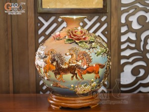 Bình hút lộc men vân mây đắp nổi Mã Đáo Thành Công vẽ vàng 24k, cao 30cm (Màu cam)