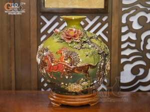 Bình hút lộc men vân mây đắp nổi Mã Đáo Thành Công vẽ vàng 24k, cao 35cm (Màu xanh)