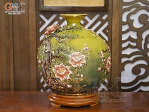 Bình hút lộc men vân mây đắp nổi Mã Đáo Thành Công vẽ vàng 24k, cao 35cm (Màu xanh)