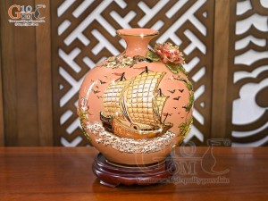 Bình hút lộc men vân mây đắp nổi Thuận Buồm Xuôi Gió - chữ Lộc vẽ vàng 24k, cao 35cm (Màu cam)