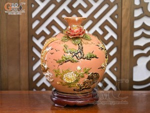 Bình hút lộc men vân mây đắp nổi Thuận Buồm Xuôi Gió - chữ Lộc vẽ vàng 24k, cao 35cm (Màu cam)