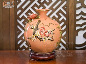 Bình hút lộc men vân mây đắp nổi Thuận Buồm Xuôi Gió - chữ Lộc vẽ vàng 24k, cao 35cm (Màu cam)