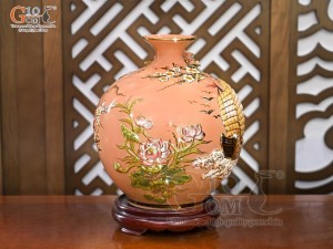 Bình hút lộc men vân mây đắp nổi Thuận Buồm Xuôi Gió - chữ Lộc vẽ vàng 24k, cao 35cm (Màu cam)