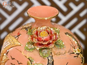 Bình hút lộc men vân mây đắp nổi Thuận Buồm Xuôi Gió - chữ Lộc vẽ vàng 24k, cao 35cm (Màu cam)