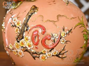 Bình hút lộc men vân mây đắp nổi Thuận Buồm Xuôi Gió - chữ Lộc vẽ vàng 24k, cao 35cm (Màu cam)