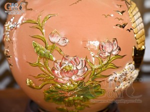 Bình hút lộc men vân mây đắp nổi Thuận Buồm Xuôi Gió - chữ Lộc vẽ vàng 24k, cao 35cm (Màu cam)