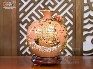 Bình hút lộc men vân mây đắp nổi Thuận Buồm Xuôi Gió - chữ Lộc vẽ vàng 24k, cao 30cm (Màu cam)