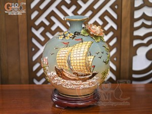 Bình hút lộc men vân mây đắp nổi Thuận Buồm Xuôi Gió - Lộc vẽ vàng 24k, cao 35cm