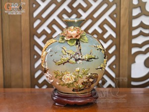 Bình hút lộc men vân mây đắp nổi Thuận Buồm Xuôi Gió - Lộc vẽ vàng 24k, cao 35cm