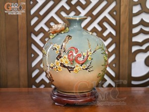 Bình hút lộc men vân mây đắp nổi Thuận Buồm Xuôi Gió - Lộc vẽ vàng 24k, cao 35cm