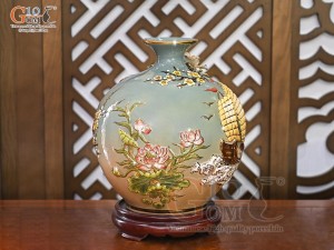 Bình hút lộc men vân mây đắp nổi Thuận Buồm Xuôi Gió - Lộc vẽ vàng 24k, cao 35cm