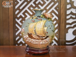 Bình hút lộc men vân mây đắp nổi Thuận Buồm Xuôi Gió - Lộc vẽ vàng 24k, cao 30cm