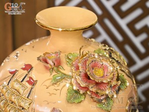 Bình hút lộc men vân mây đắp nổi Thuận Buồm Xuôi Gió vẽ vàng 24k, cao 35cm (Màu cam)