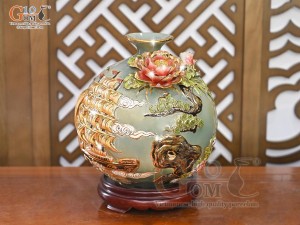 Bình hút lộc men vân mây đắp nổi Thuận Buồm Xuôi Gió vẽ vàng 24k, cao 30cm (Màu xanh)