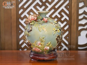 Bình hút lộc men vân mây đắp nổi Thuận Buồm Xuôi Gió vẽ vàng 24k, cao 30cm (Màu xanh)