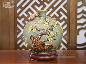 Bình hút lộc men vân mây đắp nổi Thuận Buồm Xuôi Gió vẽ vàng 24k, cao 30cm (Màu xanh)