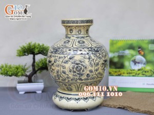 Bình hút lộc miệng cao men cổ họa tiết hoa dây, cao 30cm (cả đế)