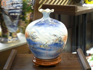 Bình hút lộc miệng lượn men màu cảnh Mã Đáo Thành Công vẽ vàng 24k, cao 30cm